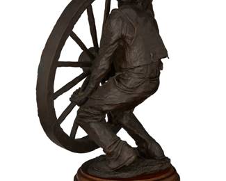 1142 Fritz White (1930-2010) "Cowboyin' Ain't Never Easy" Patinated bronze on wood plinth Editon: 2/25 Signed, numbered, and inscribed in the casting: © FWhite / CA Bronze: 18.5" H x 16" W x 9.25" D; Overall: 21.75" H x 16" W x 9.5" D Estimate: $2,500 - $3,500