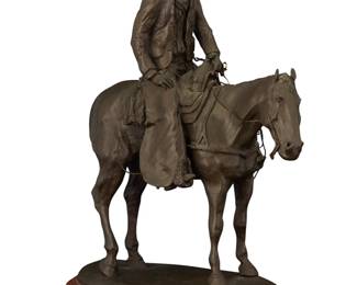 1143 H. Clay Dahlberg (1946-2021) "A Half Century on Horseback" Patinated bronze on wood plinth Edition: 5/10 Signed, dated and numbered on the base: © H. CLAY DAHLBERG / 73 / #5 of 10 Bronze: 15.75" H x 13.625" W x 6.625" D; Overall: 17" H x 14.5" W x 7" D Estimate: $600 - $800