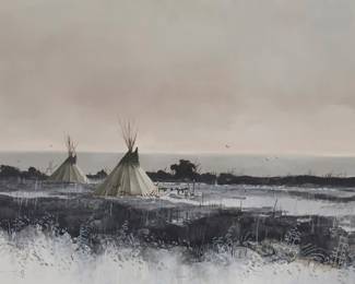 1129 Thomas A. de Decker (b. 1951) "Winter Sioux" Oil on Masonite en grisaille Signed lower right: Thomas A. de Decker; titled on a typed label affixed to the frame's backing paper 15" H x 30" W Estimate: $1,000 - $1,500