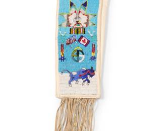 1393 A Contemporary pictorial beaded canvas tobacco bag Late 20th century Decorated with Canadian and American flags, a heartline buffalo, and other floating geometric elements, with hide fringe 19" H x 8.5" W Estimate: $300 - $500