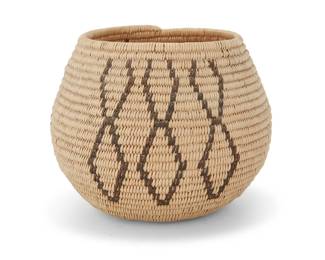 1029 A Washoe basketry bowl Early/mid-20th century; Great Basin The coiled bowl with three groups of three columns of stacked diamonds 3.625" H x 4.75" Dia. Estimate: $200 - $400