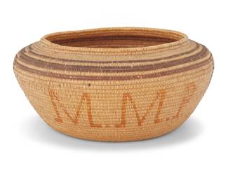 1007 A Panamint Shoshone polychrome basket Late 19th century; Great Basin Inscribed in the weaving: 1899 / MMP The coiled jar-form basket with alternating bands at the shoulder and four columns of diamonds 3.5" H x 7.875" Dia. Estimate: $800 - $1,200