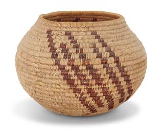 1030 A Washoe basketry olla Early 20th century; Great Basin The coiled jar with two groups of five diagonal bands 4.5" H x 6.125" Dia. Estimate: $400 - $600