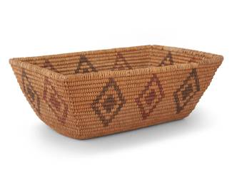 1032 A Panamint Shoshone polychrome basketry rectangular bowl Early 20th century; Great Basin The coiled vessel with three-rod construction, with concentric floating diamond lozenges 2.625" H x 7.125" W x 5.25" D Estimate: $300 - $500