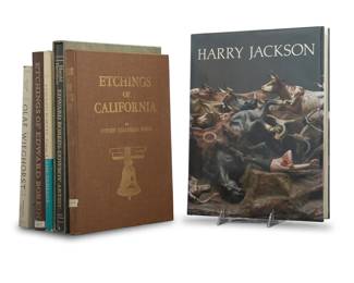 1182 A group of six hardcover books on Western cowboy artists 1961-1981 Six works: Ford, Henry Chapman. "Etchings of California." Santa Barbara: Edward Selden Spaulding, 1961 Woloshuk, Jr., Nicholas. "Edward Borein: Drawings & Paintings of the Old West, Volume 1: The Indians." Flagstaff: The Northland Press, 1968 Edition: 1184/2000 Signed by the Author Reed, William. "Olaf Wieghorst." Flagstaff: Northland Press, 1969 Second Printing Galvin, John. "Etchings of Edward Borein: A Catalogue of His Work." San Francisco: John Howell, 1971 Davidson, Harold G. "Edward Borein, Cowboy Artist: The Life and Works of John Edward Borein 1872-1945." Garden City, NY: Doubleday & Company, Inc., 1974 Edition: 74/350 Signed by the Author Pointer, Larry and Donald Goddard. "Harry Jackson." New York: Harry N. Abrams, Inc., 1981 First Edition 6 pieces Largest: 13.375" H x 10.5" W x 1.75" D Estimate: $300 - $500