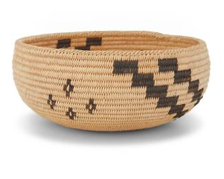 1043 A Paiute basketry bowl Early 20th century; Great Basin The coiled bowl with a diagonal-stitch rim above a cluster of floating elements and stepped arms 3" H x 7" Dia. Estimate: $400 - $600
