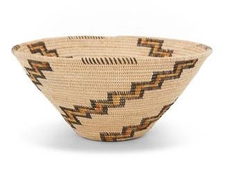1019 A Panamint Shoshone polychrome basketry bowl Mid-20th century; Great Basin The coiled bowl with partial rim ticking above gap stitched radiating stepped arms issuing from center 4.875" H x 9.875" Dia. Estimate: $600 - $800
