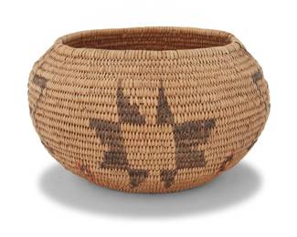 1025 A Washoe polychrome basketry bowl Early 20th century; Great Basin The coiled bowl with alternating floating star designs 3.75" H x 6.5" Dia. Estimate: $300 - $500