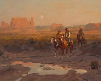 1129 Thomas A. de Decker (b. 1951) "Winter Sioux" Oil on Masonite en grisaille Signed lower right: Thomas A. de Decker; titled on a typed label affixed to the frame's backing paper 15" H x 30" W Estimate: $1,000 - $1,500