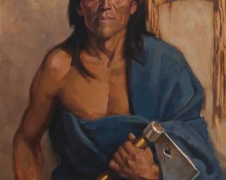 1112 Ned Jacob (b. 1938) "War Paint" Oil on canvas Signed upper left: Jacob; titled by repute 26" H x 20.25" W Estimate: $1,000 - $1,500