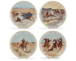 1156 A set of four Gorham porcelain plates after Frederic Remington 1970s, after Frederic Remington (1861-1909) Each with printed factory marks, title, and inscription: FREDERIC REMINGTON / 1861-1909 / FOREMOST ARTIST AND DOCUMENTOR / OF THE VIGOROUS LIFE AND TIMES / THAT WERE THE GREAT AMERICAN WEST / FROM THE ORIGINAL PAINTING IN / THE MUSEUM OF FINE ARTS, HOUSTON, TEXAS Comprising: "The Fight for the Waterhole," 1903 "Aiding a Comrade," 1889-90 "The Flight," 1895 "A New Year on the Cimarron," 1903 4 pieces Each: 12.625" Dia. Estimate: $150 - $250