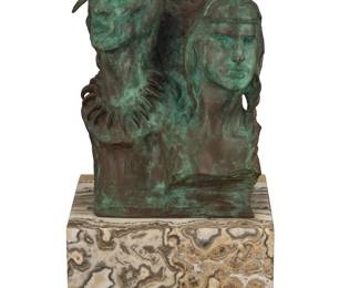 1136 Donald "Putt" Putman (1926-2007) Bust group of a Native American man and woman Verdigris patinated bronze on stone base Edition: 6/30 Signed and numbered in the casting: © Putt Bronze: 8.625" H x 6.25" W x 5.125" D; Overall: 11.75" H x 6.75" W x 6.75" D Estimate: $200 - $300