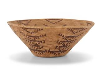 1055 A Maidu basketry bowl Late 19th century; Northern California The coiled split-stitch bowl with very fine weaving, decorated with columns of stacked chevrons 2.625" H x 6.375" Dia. Estimate: $700 - $900