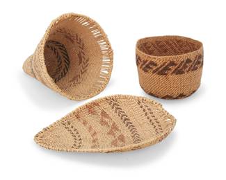 1054 Three Great Basin basketry items Early 20th century; Northern California/Nevada Comprising a small Mono polychrome winnowing basket, a small Mono polychrome gathering basket, and a twined Paiute bowl 3 pieces Winnowing: 10" W x 7.5" D; Gathering: 8.75" H x 7.75" Dia.; Bowl: 4.5" H x 5.875" Dia. Estimate: $300 - $500