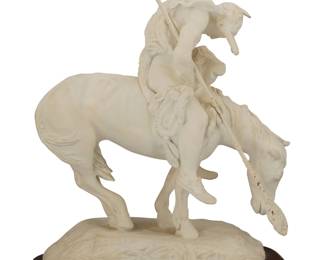 1158 After James Earle Fraser (1876-1953) A plaster figure after "The End of the Trail" (1894), 1982 Incised in the plaster base: © DAVE GROSSMAN [indistinct] / © NATIONAL COWBOY [INDISTINCT]; metal plaque applied to base: © National Cowboy Hall of Fame and Western Heritage Center 1982 / Dave Grossman Designs, Inc. Raised on a wood plinth Overall without spear: 13.75" H x 12.625" W x 8" D; Spear: 15.625" L Estimate: $200 - $300