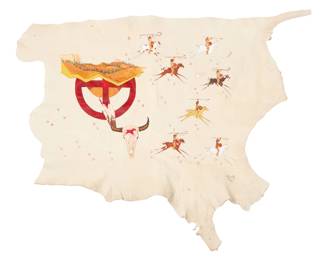 1359 Merle Locke (b. 20th century, Oglala Lakota) A painted hide, 1992 Signed and dated: M. Locke / -92- Polychrome pigment on hide, depicting seven warriors on horseback and a half medicine wheel and skull below a landscape 41" H x 50" W Estimate: $300 - $500