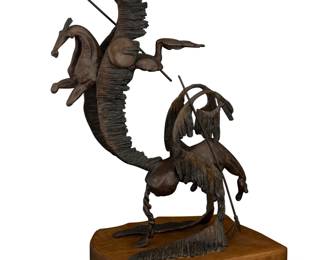 1162 20th Century American Western School "Broken Warrior Spirit" Patinated bronze on a wood base Edition: 5/20 Signed and numbered on the side: Oneta; titled to applied metal plaque Bronze: 16.25" H x 13" W x 6.5" D; Overall: 18" H x 14.25" W x 10" D Estimate: $300 - $500