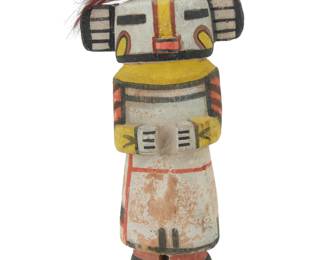1278 Wilson Tewaquaptewa (1871-1960, Hopi-Tewa) A polychrome carved cottonwood katsina, early 20th century Unmarked With applied feathers and dyed hair 7.5" H x 3.5" W x 2.75" D Estimate: $1,200 - $1,800