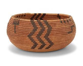1041 A Paiute basketry bowl Early 20th century; Great Basin The coiled bowl with alternating triple zig-zags and triple stacked arrows, with other floating elements 3.125" H x 6.875" Dia. Estimate: $500 - $700