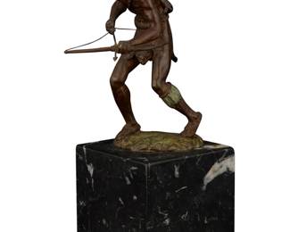 1118 Richard A. Myer (b. 1933) Game Hunter, 1971 Patinated and verdigris bronze on black marble plinth Edition: 3/24 Signed, dated, numbered, and inscribed in the casting: Rich Myer © 71 / JHM Bronze: 6.125" H x 3.125" W x 4.375" D; Overall: 9.75" H x 3.625" W x 4.75" D Estimate: $500 - $700