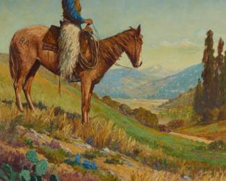 1204 Arion Putnam (1870-1949) Cowboy on Horseback observing a Pierce-Arrow motorcar in a Western landscape Oil on canvas Signed and dated lower left: Arion Putnam / 1912 72" H x 60" W Estimate: $5,000 - $7,000