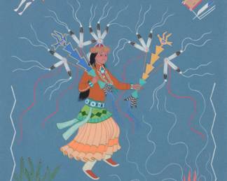 1273 Harrison (Haskay Yahne Yah) Begay (1914-2012, Navajo/Diné) A dancer with fire Gouache on blue paper Signed in pencil lower left and lower right: Haskay Yahne Yah / Harrison Begay Sight: 13.75" H x 10.75" W Estimate: $300 - $500