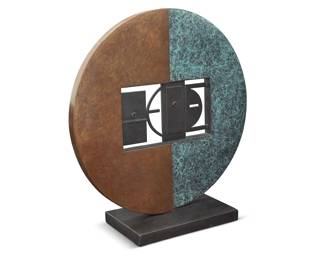 1226 Dan Namingha (b. 1950, Hopi-Tewa) "Dualities," 1997 Mixed patinated bronze on metal base Edition: 20/20 Signed, dated, and numbered in the base: Dan Namingha / © 97 / [artist's cipher] Overall: 20" H x 18.875" W x 7" D Estimate: $2,000 - $3,000