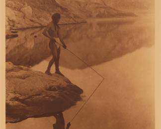 1088 After Edward S. Curtis (1868-1952) "Shores of Walker Lake," plate 534 from "The North American Indian," 1924 Photogravure in brown on Japan vellum paper From the Suffolk Engraving Co., Cambridge, MA edition printed after the 1924 original photograph copyrighted by Curtis; with the artist's name, title, plate number, copyright and publisher all printed in the blank outside the image Image: 15.25" H x 11.5" W; Plate: 17.5" H x 13" W; Sheet: 21.875" H x 17.625" W Estimate: $300 - $500
