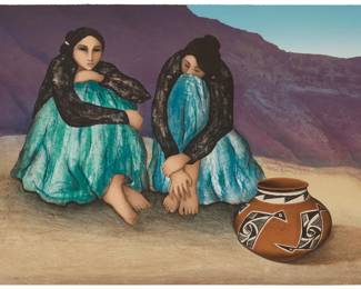 1272 R.C. Gorman (1932-2005, Navajo/Diné) "Chinle" 1982 Lithograph in colors on wove paper Edition: 52/225 Signed, dated, and numbered in pencil, in the lower left and lower right corners: R. C. Gorman 1982; with the artist's blindstamp lower center; Ben Q. Adams, prntr., with his blindstamp; Western Graphics Workshop, Albuquerque, NM, prntr. and pub., with their blindstamps lower center Sheet: 26.625" H x 36.25" W Estimate: $700 - $900