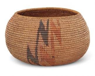 1037 A California Mission polychrome basketry bowl Early 20th century; Southern California The coiled bowl with three pairs of zig-zig columns above a central circle issuing three arrows 4.625" H x 8.75" Dia. Estimate: $600 - $800