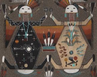 1401 Rosie Yellowhair (b. 1950, Navajo/Diné) "Father Earth Mother Sky" Navajo sandpainting in colors on board Titled with bio and artists description and inscription verso: Gallup Intertribal 2014 Ryellowhair Sight: 7.375" H x 7.375" W Estimate: $200 - $400