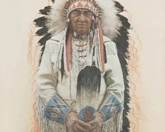 1377 James Bama (1926-2022) "Shoshone Chief," 1974 Offset lithograph in colors on paper Edition: 110/1000 Signed and numbered in pencil lower left: Bama; signed and dated "'74" as part of the image lower left Sight: 22.25" H x 16.5" W Estimate: $200 - $300