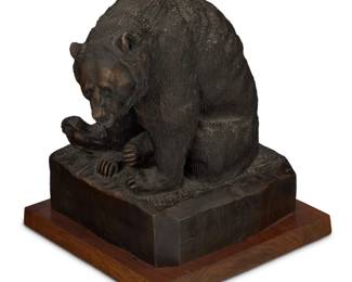 1076 John Louis "Cutapuis" Clarke (1881-1970, Blackfeet) "Grizzly," 1978 Patinated bronze on rotating wood plinth Edition 1/50 Signed in the casting: J. L. CLARKE; impressed with date and edition: © TW TSCHACHE; with gallery tag Bronze: 9" H x 6.5" W x 8.5" D; Overall: 10.25" H x 8" W x 9" D Estimate: $400 - $600