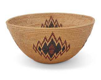 1027 A Washoe polychrome basketry bowl Early 20th century; Great Basin The coiled bowl with four graduated conjoined diamond lozenges 4.5" H x 8.75" Dia. Estimate: $400 - $600