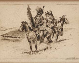 1259 Edward Borein (1872-1945) "Flathead Indians, Montana" Etching and drypoint in brown-black ink on paper From the edition of unknown size and date Signed in pencil in the lower margin, at right: Edward Borein; titled on a piece of cardboard, in pencil, likely in the artist's hand, and also titled on typewritten label, both affixed to the frame's backing paper Plate: 5.875" H x 9" W; Sight: 6.875" H x 10" W Estimate: $800 - $1,200