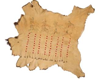 1358 A Plains painted and beaded elk hide robe Mid/late 20th century Unsigned Pigment on hide, depicting eight warriors on horseback above nine rows of mounted glass beads, yarn tufts, and hide fringe strung with antler cross-sections and dew claws 69" H x 76" W Estimate: $800 - $1,200