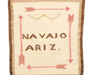 1268 A Navajo pictorial textile Mid-20th century, Diné Inscribed in the weaving: Navajo / Ariz. Woven in red, dark brown, cream, and natural brown wool, with a bow and four arrows 33" H x 30.5" W Estimate: $400 - $600