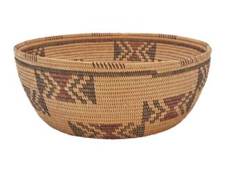 1017 A Panamint Shoshone polychrome basketry bowl Early 20th century; Great Basin The coiled bowl with partial rim ticking above a band and four arms of hourglasses, chevrons, and triangles issuing from center, the base with a circular sawtooth band 4.75" H x 12.25" Dia. Estimate: $600 - $800