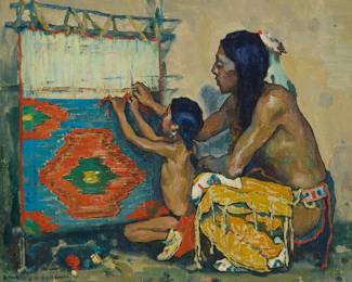 1114 Eanger Irving Couse (1866-1936) "The Lesson," circa 1923 Oil on canvasboard Signed lower left: E-I-COUSE-N.A.; signed again and alternatively titled in pencil "The Weaving Lesson," verso 8.125" H x 10" W Estimate: $20,000 - $30,000