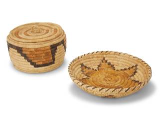 1350 Two Papago polychrome basketry vessels Early/mid-20th century, Tohono O'odham; Southwest United States The coiled baskets comprising a large lidded bowl with stepped band to sides, and a tray with central floral motif 2 pieces Bowl: 5.625" H x 7.625" Dia.; Tray: 1.75" H x 9.625" Dia. Estimate: $100 - $200