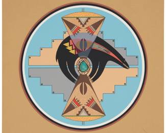 1271 Tony Da (1940-2008, San Ildefonso Pueblo) "Fetish Bear," 1995 Screenprint in colors with turquoise stones on paper Edition: 9/150 Signed with initials and numbered "9-150" in pencil, in the lower right and left corners: TDA Image/Sheet: 21.125" H x 21" W Estimate: $1,200 - $1,800