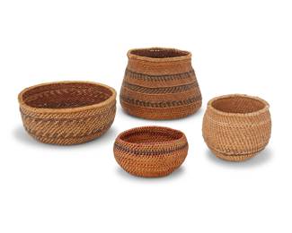 1349 Four Paiute or Washoe baskets Mid-20th century; Great Basin Comprising three twined and one coiled, the largest lined in pitch to interior and with braided rim, each with banding 4 pieces Largest: 6" H x 8.75" W x 8.375" D; Smallest: 3" H x 5.5" W x 5.25" D Estimate: $200 - $400