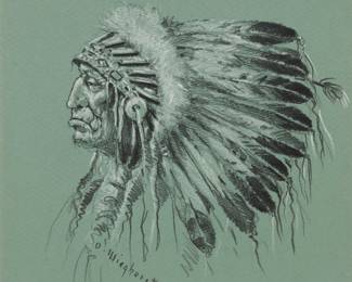 1261 Olaf Wieghorst (1899-1988) Native American chief in profile Pencil and oil pastel on green artist board Signed and with the artist's brand device, lower left: O. Wieghorst Sight: 9" H x 7.25" W; Artist board: 10" H x 8" W Estimate: $1,000 - $1,500
