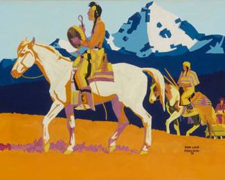 1099 Don Louis Perceval (1908-1979) Native American riders on horseback with mountains, 1931 Gouache with traces of pencil on board Signed and dated lower right: Don Luis / Perceval / '31 Sight: 10" H x 13" W Estimate: $800 - $1,200