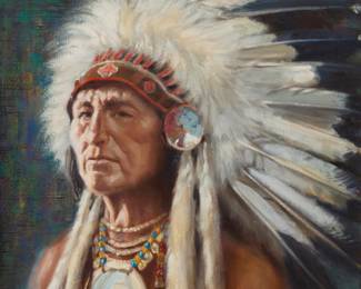 1113 Joe Waano-Gano (1906-1982, Cherokee) "Plains Chieftain" Oil on canvas mounted to artist's board Signed lower right: Joe Waano-Gano; titled and stamped with the artist's address, verso 30" H x 25" W Estimate: $400 - $600