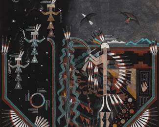 1400 Rosie Yellowhair (b. 1950, Navajo/Diné) "Rainbow Catcher" Navajo sandpainting in colors on board Titled with bio and artists description and inscription verso: Gallup Intertribal 2014 / Thanks & Many Blessing / Rosie Yellowhair Sight: 17.5" H x 17.5" W Estimate: $300 - $500