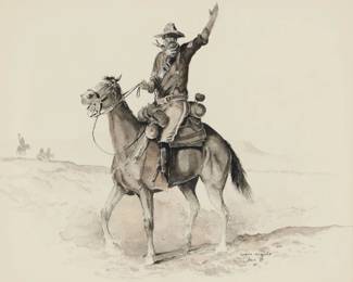 1169 Curtis Wingate (1926-1982) Waving soldier on horseback Watercolor on paper Signed, inscribed, and with the artist's device lower right: Curtis Wingate / "Ariz" © Sight: 13.25" H x 15.5" W Estimate: $400 - $600