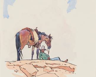 1342 Don Louis Perceval (1908-1979) Horse and seated cowboy Watercolor and ink on paper Signed lower center: Don Perceval Image: 5.5" H x 4" W; Sheet: 12" H x 9.5" W Estimate: $600 - $800