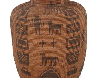 1104 A large Apache polychrome basketry olla Early 20th century; Southwest United States The coiled olla with red and brown figures and horses alternating with stacked elaborate rectangles 19" H x 14" Dia. Estimate: $3,000 - $5,000