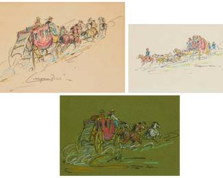 1255 Marjorie Reed (1915-1996) Three works: "Uphill on the Stage Trail" Pastel or colored pencil on paper mounted to paper Signed lower center: Marjorie Reed - ; titled in white pencil on the mount Sheet: 5.625" H x 8.5" W "Military Escort of the Mail" Ink and pastel or colored pencil Signed in black ink lower right: Marjorie Reed -; titled in black ink on the mount Sight: 3.5" H x 5.5" W Red stagecoach Pastel or colored pencil on green paper Signed lower right: Marjorie Reed - Sight: 4.5" H x 6.5" W 3 pieces Estimate: $1,000 - $1,500